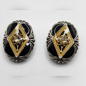 Vintage Earrings Black Enamel Gold Tone Silver Tone Crystal Rhinestone Clip On